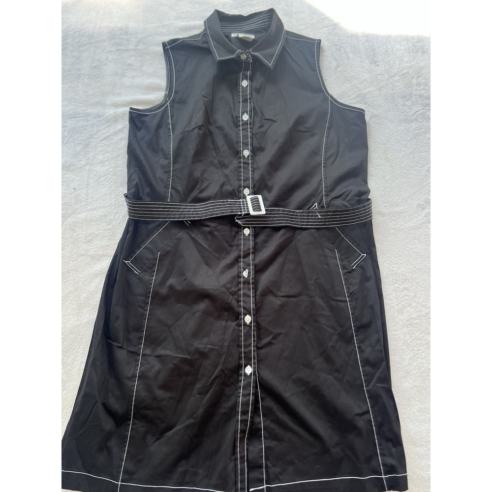 White Stag Vintage Black Collared Sleeveless Belted Dress White Thread Detail 18